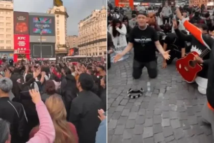 Cristãos na Argentina realizam culto público na Praça da República, com salvação de vidas e adoração em frente ao Obelisco. Foto: Reprodução/Instagram/Revival Latino Argentina