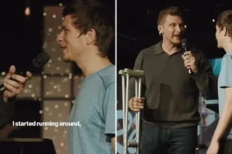 Durante uma cruzada nos EUA, um homem chamado Jamie, de Michigan, surpreendeu a todos ao testemunhar que foi curado e deixou suas muletas. Foto: Reprodução/Instagram/CfaN