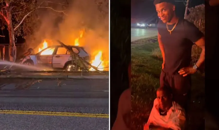 Jogador de futebol americano resgatam homem de acidente de carro