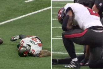 Após jogador sofrer uma lesão grave na clavícula, outro jogador da NFL, ajoelhou-se ao lado dele em campo para orar. Foto: Reprodução/X/Rate the Refs/Instagram/Christian Athletes