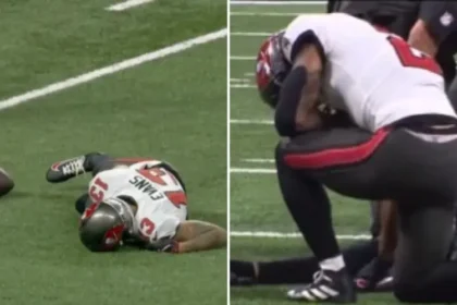 Após jogador sofrer uma lesão grave na clavícula, outro jogador da NFL, ajoelhou-se ao lado dele em campo para orar. Foto: Reprodução/X/Rate the Refs/Instagram/Christian Athletes