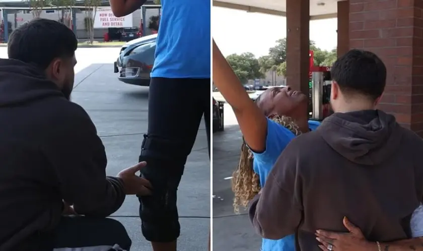Mulher com 13 cirurgias de lesão no joelho é curada instantaneamente por pastor nos EUA após ele orar por cirurgia em posto de gasolina. Foto: Reprodução/YouTube/Mario Esparza