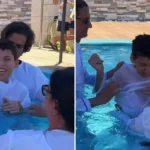 Menino que vive com paralisia cerebral, foi batizado em uma piscina e celebrou publicamente o seu amor por Jesus. Foto: Reprodução/Instagram/Thábata Veloso
