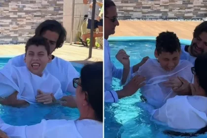 Menino que vive com paralisia cerebral, foi batizado em uma piscina e celebrou publicamente o seu amor por Jesus. Foto: Reprodução/Instagram/Thábata Veloso