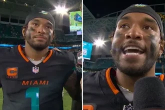 Jogador de futebol americano Tua Tagovailoa, do Miami Dolphins, declara publicamente que "toda a glória pertence a Deus" após vitória. Foto: Reprodução/YouTube/NFL on ESPN