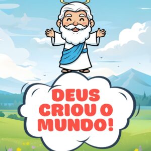 Título do E-book "Deus Criou o Mundo!" dentro de uma nuvenzinha branca fofinha. Acima da nuvem, está Deus bonitinho e sorridente e atrás, uma paisagem de um campo, céu azul e montanhas ao fundo.