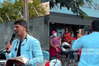 Médico continua evangelismo na rua em frente a uma unidade de saúde após ser proibido de realizar a pregação dentro do local. Foto: Reprodução/Instagram/Dr. André Ricardo