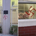 Escola judaica em Nova York é alvo de vandalismo com pichações de suásticas com tinta vermelha horas após eleição. Imagem: Twitter/Kalman Yeger/Deputada Nicole Malliotakis