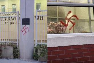 Escola judaica em Nova York é alvo de vandalismo com pichações de suásticas com tinta vermelha horas após eleição. Imagem: Twitter/Kalman Yeger/Deputada Nicole Malliotakis