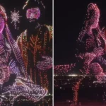 O Texas, foi palco de um espetáculo aéreo monumental que utilizou 5 mil drones para iluminar o céu noturno, retratando o nascimento de Jesus. Foto: Reprodução/Instagram/Preston Ward