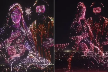 O Texas, foi palco de um espetáculo aéreo monumental que utilizou 5 mil drones para iluminar o céu noturno, retratando o nascimento de Jesus. Foto: Reprodução/Instagram/Preston Ward