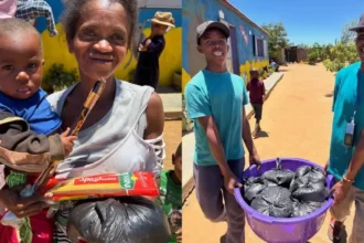 Missionários brasileiros distribuem toneladas de arroz a famílias em Madagascar em ação de Natal para o povo Bara. Foto: Instagram/Janaine Basso