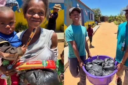 Missionários brasileiros distribuem toneladas de arroz a famílias em Madagascar em ação de Natal para o povo Bara. Foto: Instagram/Janaine Basso