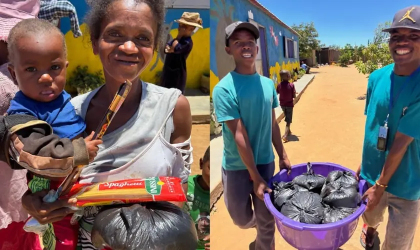 Missionários brasileiros distribuem toneladas de arroz a famílias em Madagascar em ação de Natal para o povo Bara. Foto: Instagram/Janaine Basso