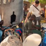 Em igreja na África, o sonho de garoto de ter uma bateria real foi realizado após comover a internet tocando sucata no Malawi. Foto: Reprodução/Instagram/Joani Bentes