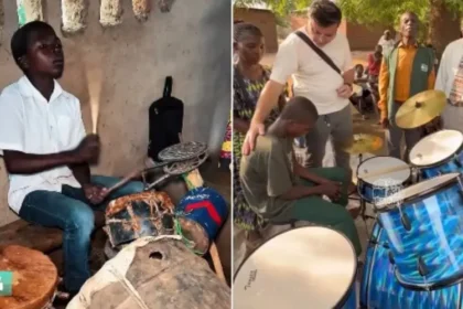 Em igreja na África, o sonho de garoto de ter uma bateria real foi realizado após comover a internet tocando sucata no Malawi. Foto: Reprodução/Instagram/Joani Bentes