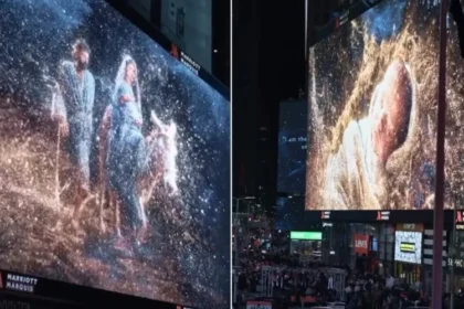 Uma igreja em Nova York surpreendeu o mundo ao transformar os outdoors da Times Square em um espetáculo sobre o nascimento de Jesus. Foto: Reprodução/Instagram/Church of Jesus Christ