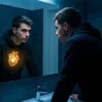 Jovem olhando-se no espelho de um banheiro escuro; no reflexo, em vez de seu peito, vê-se um coração dourado brilhante, simbolizando o interior.