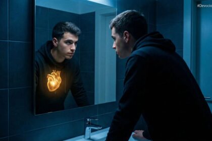 Jovem olhando-se no espelho de um banheiro escuro; no reflexo, em vez de seu peito, vê-se um coração dourado brilhante, simbolizando o interior.