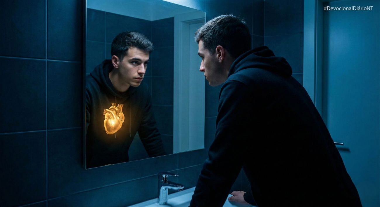 Jovem olhando-se no espelho de um banheiro escuro; no reflexo, em vez de seu peito, vê-se um coração dourado brilhante, simbolizando o interior.