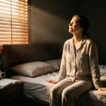 Mulher sentada na beira da cama sendo iluminada pela luz da manhã que entra pela persiana, de olhos fechados e sorrindo, com uma bíblia e café ao lado.