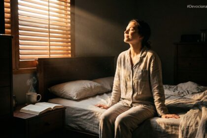 Mulher sentada na beira da cama sendo iluminada pela luz da manhã que entra pela persiana, de olhos fechados e sorrindo, com uma bíblia e café ao lado.