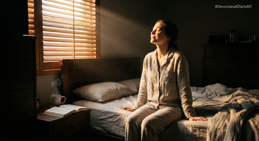 Mulher sentada na beira da cama sendo iluminada pela luz da manhã que entra pela persiana, de olhos fechados e sorrindo, com uma bíblia e café ao lado.