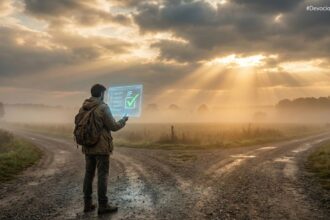 Viajante com mochila parado em uma encruzilhada de terra, observando um holograma futurista com uma lista de verificação, sob um céu com raios de sol rompendo as nuvens.