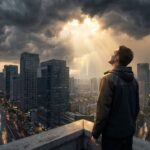 Homem de costas observando uma cidade moderna sob um céu dramático, com nuvens de tempestade se abrindo para raios de luz divina.