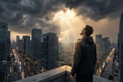 Homem de costas observando uma cidade moderna sob um céu dramático, com nuvens de tempestade se abrindo para raios de luz divina.