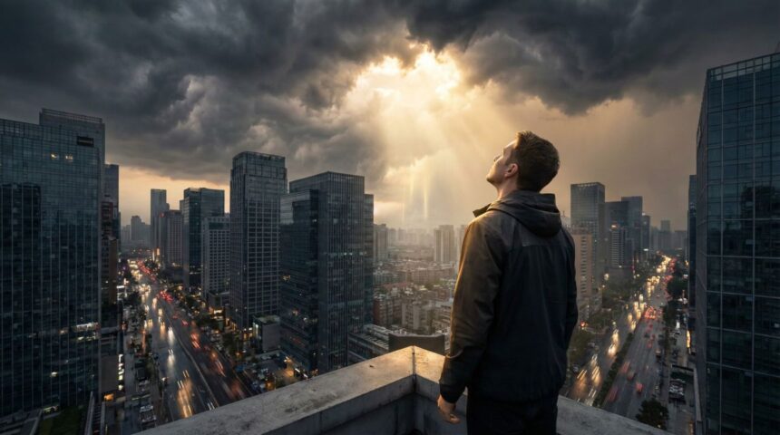 Homem de costas observando uma cidade moderna sob um céu dramático, com nuvens de tempestade se abrindo para raios de luz divina.