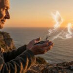 Close nas mãos de um idoso soltando um punhado de terra que se transforma magicamente em pombas brancas voando em direção à luz.