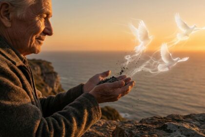 Close nas mãos de um idoso soltando um punhado de terra que se transforma magicamente em pombas brancas voando em direção à luz.