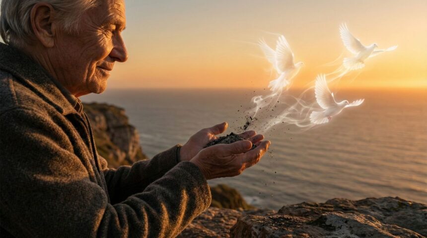Close nas mãos de um idoso soltando um punhado de terra que se transforma magicamente em pombas brancas voando em direção à luz.