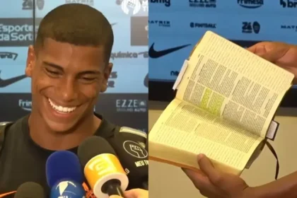 O jogador, João Vitor Jacaré, estreia na Arena do Corinthians e surpreende imprensa ao pregar com a Bíblia nas entrevistas. Foto: Reprodução/YouTube/Meu Timão