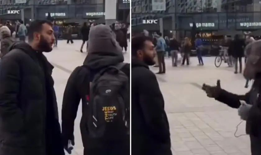 Cristão é agredido durante evangelismo na Europa, levantando alerta sobre o aumento da intolerância contra cristãos no continente. Foto: Reprodução/Instagram/Allan Machado