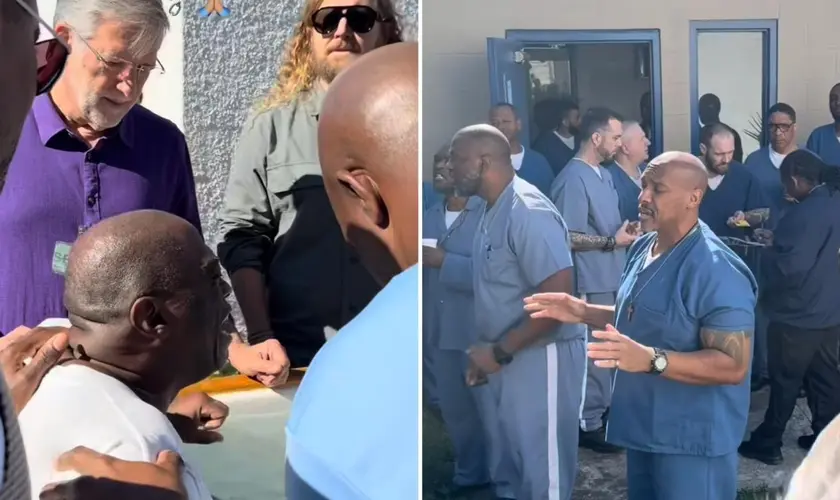 20 detentos celebram batismo em prisão nos EUA; cerimônia marca conversão pública e avivamento em unidade de segurança máxima. Foto: Reprodução/Instagram/Sean Feucht