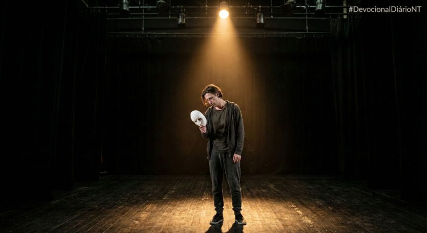 Ator em um palco escuro sob um único holofote, segurando uma máscara branca afastada do rosto, com expressão de cansaço e alívio.