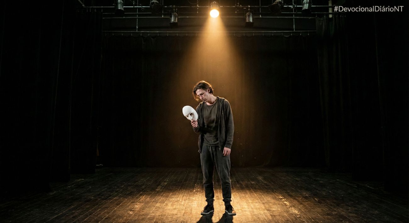 Ator em um palco escuro sob um único holofote, segurando uma máscara branca afastada do rosto, com expressão de cansaço e alívio.