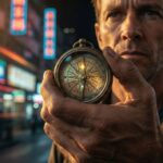 Close nas mãos de um homem segurando uma bússola antiga dourada, com o fundo desfocado mostrando luzes neon de uma cidade movimentada à noite.