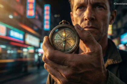 Close nas mãos de um homem segurando uma bússola antiga dourada, com o fundo desfocado mostrando luzes neon de uma cidade movimentada à noite.