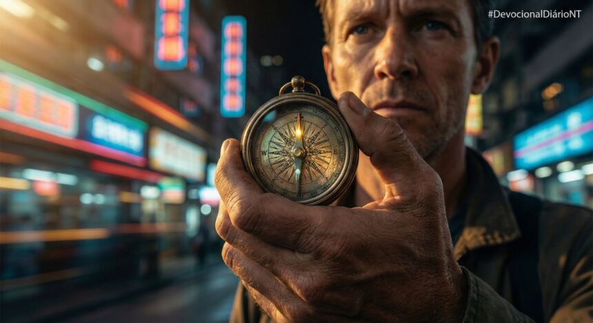 Close nas mãos de um homem segurando uma bússola antiga dourada, com o fundo desfocado mostrando luzes neon de uma cidade movimentada à noite.