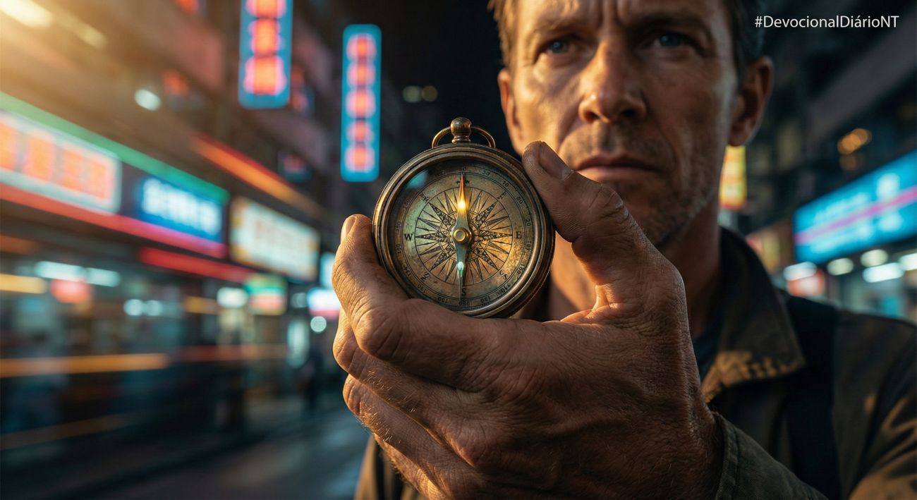 Close nas mãos de um homem segurando uma bússola antiga dourada, com o fundo desfocado mostrando luzes neon de uma cidade movimentada à noite.