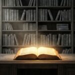 Um livro antigo e aberto emitindo uma luz dourada intensa sobre uma mesa de madeira, iluminando uma biblioteca escura cheia de estantes clássicas ao fundo.