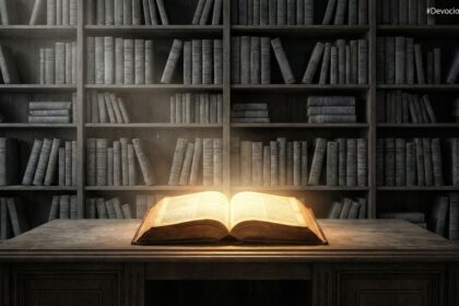 Um livro antigo e aberto emitindo uma luz dourada intensa sobre uma mesa de madeira, iluminando uma biblioteca escura cheia de estantes clássicas ao fundo.