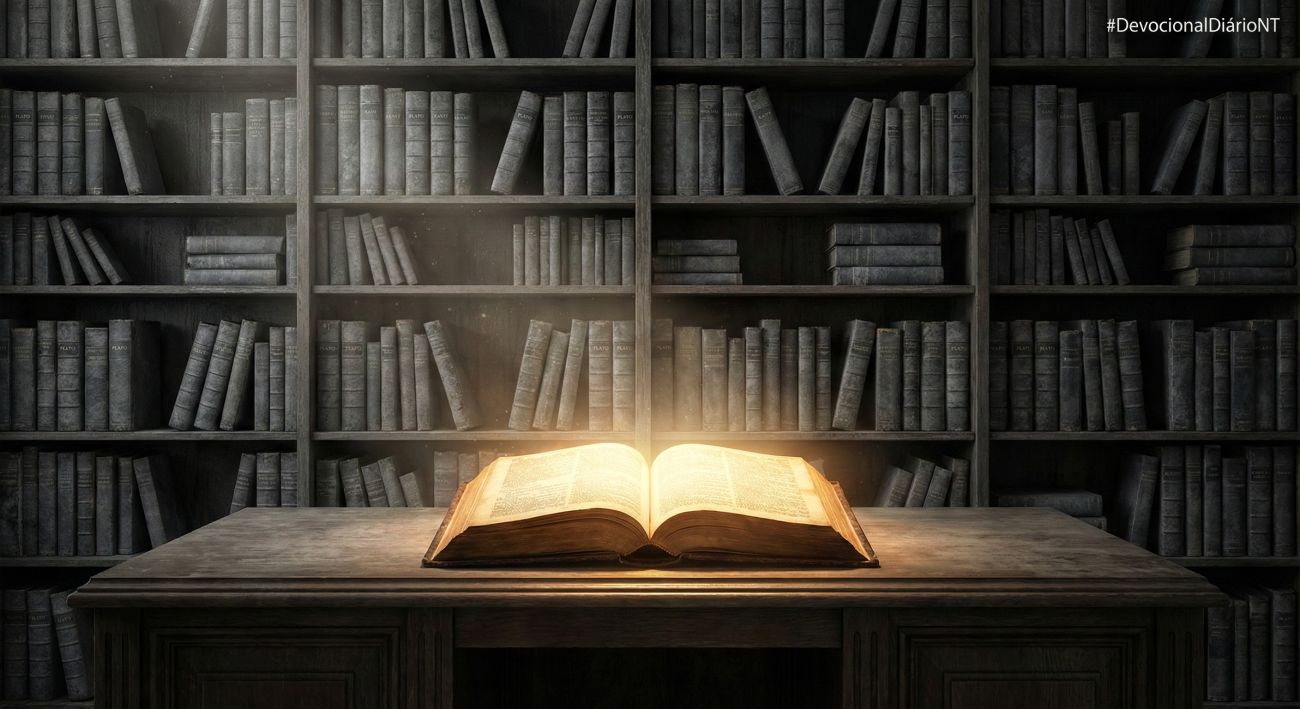 Um livro antigo e aberto emitindo uma luz dourada intensa sobre uma mesa de madeira, iluminando uma biblioteca escura cheia de estantes clássicas ao fundo.