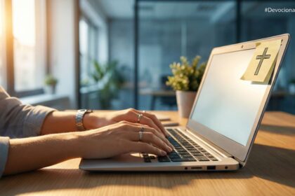 Close nas mãos de alguém digitando em um laptop num escritório, com um post-it amarelo colado na tela contendo o desenho de uma cruz.