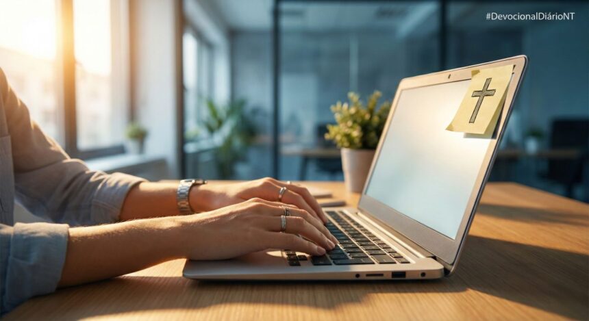 Close nas mãos de alguém digitando em um laptop num escritório, com um post-it amarelo colado na tela contendo o desenho de uma cruz.