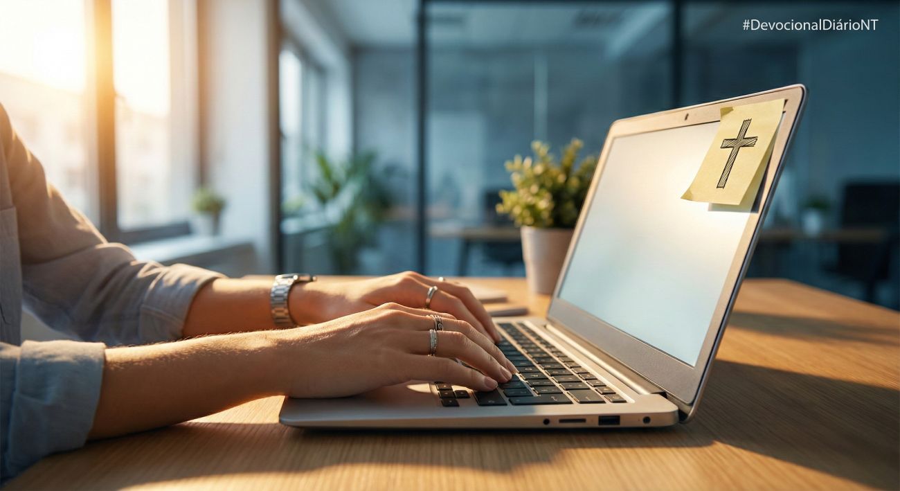Close nas mãos de alguém digitando em um laptop num escritório, com um post-it amarelo colado na tela contendo o desenho de uma cruz.