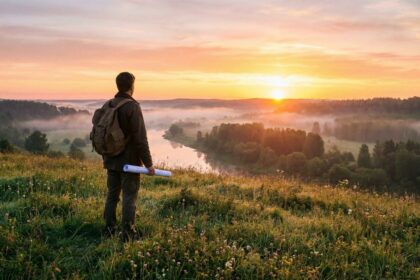 Homem em pé numa colina verde segurando um projeto enrolado, olhando para o horizonte com um nascer do sol sobre um vale e um rio.